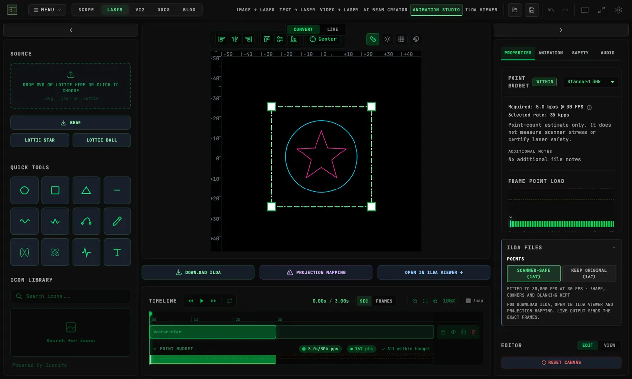 Animation Studio Safety panel and Scanner-safe points selected before ILDA export