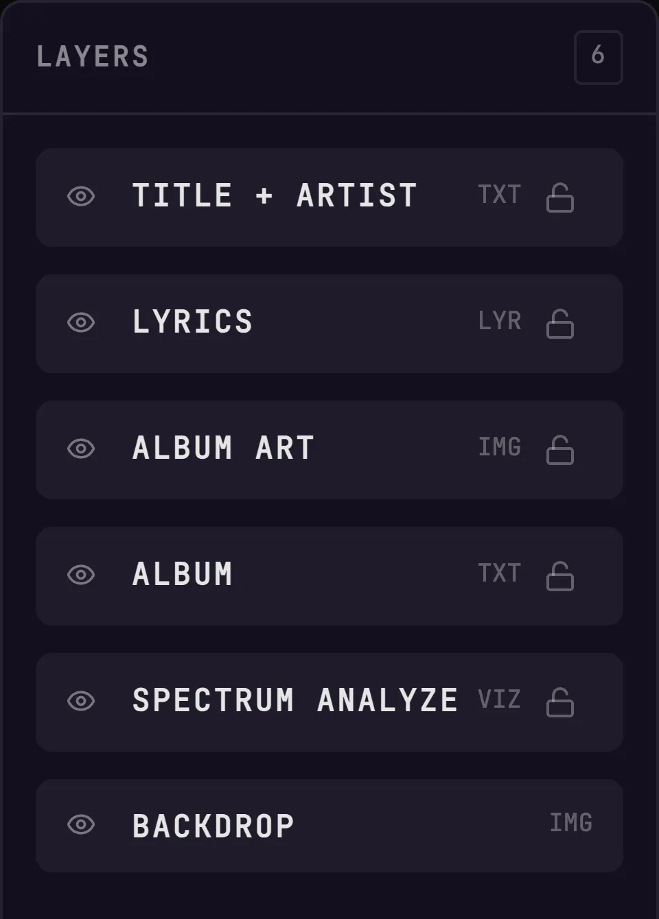 The BeamTracer Studio layers rail showing six layers built from an MP3's tags