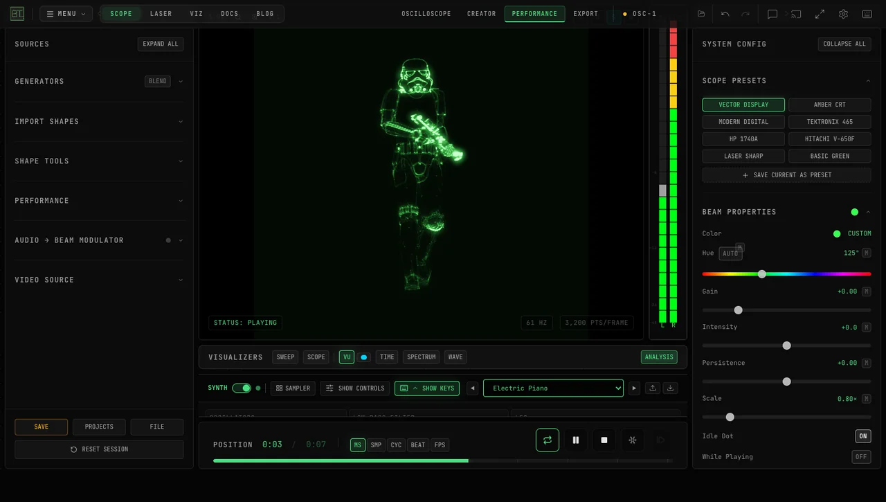 Exported animated GLTF playing back as XY WAV in OSC-1 Vector Display with the keyboard hidden