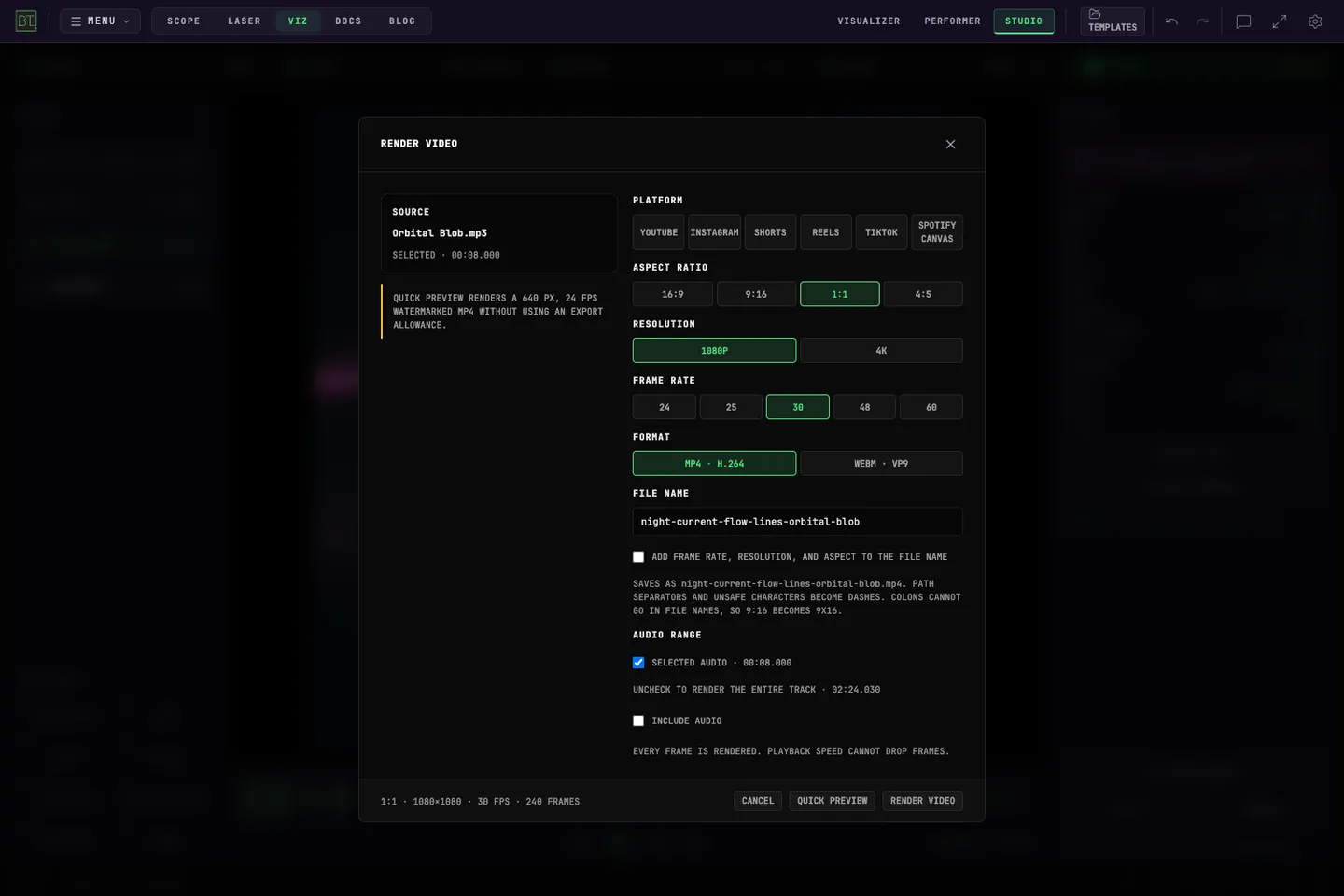 BeamTracer Render Video settings showing a square MP4 render at 30 fps with Include Audio off