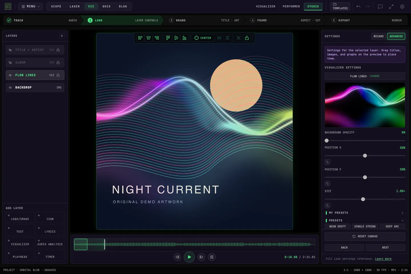 BeamTracer Studio showing Flow Lines over the original Night Current cover in a square frame