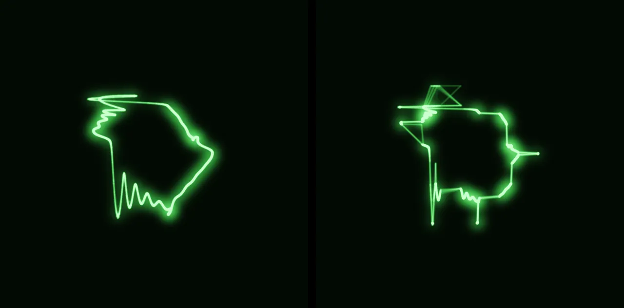 BitCrush beam effect on an oscilloscope: a smooth figure beside the same figure quantised into steps