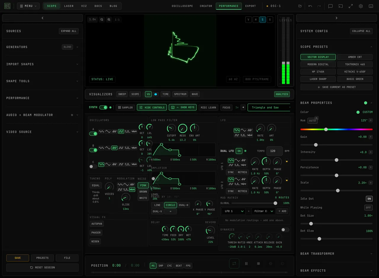OSC-1 oscilloscope showing the synth controls that apply audio effects to an XY trace
