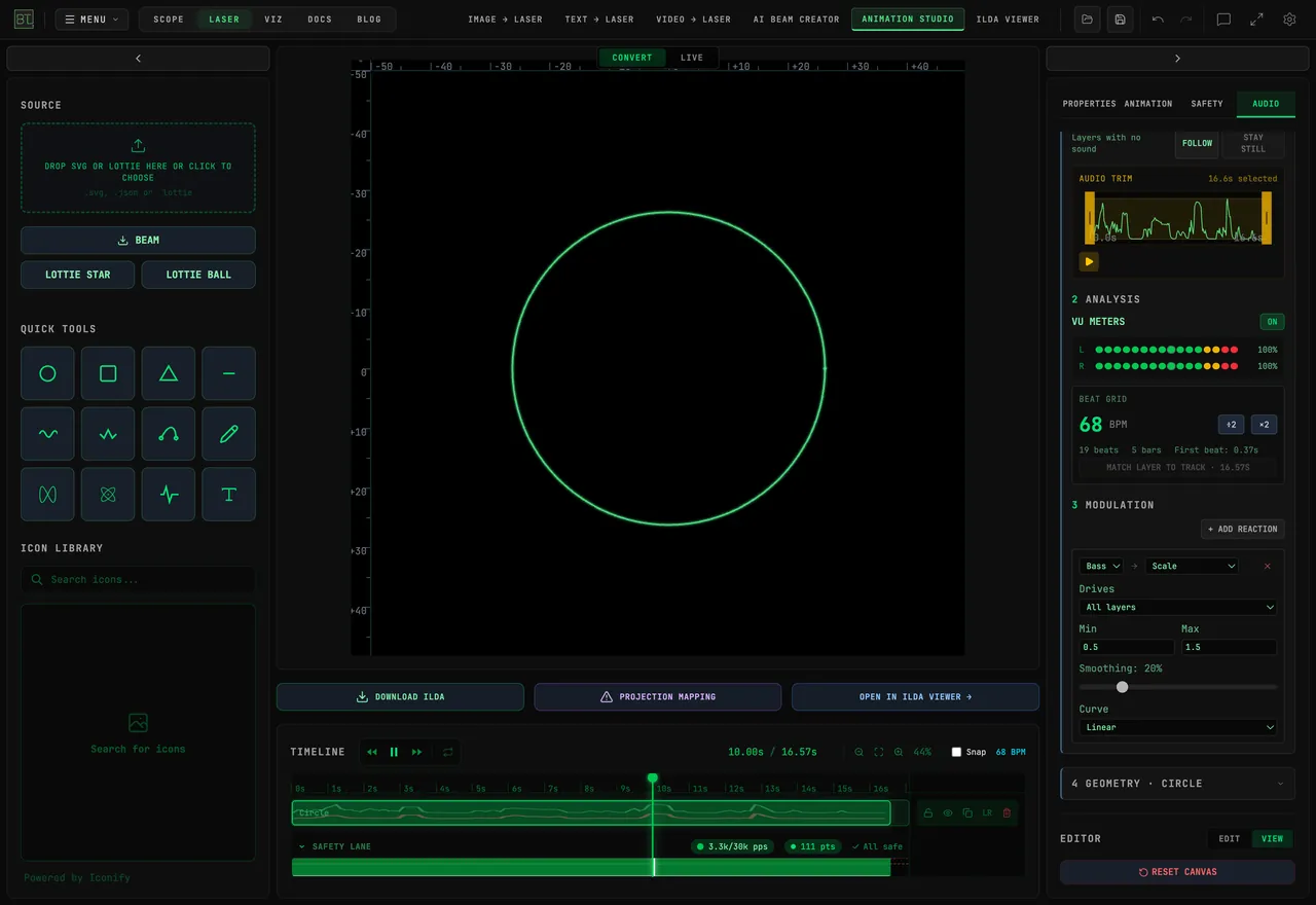 BeamTracer Animation Studio during playback at 10 seconds: the circle is at its largest on a bass hit, the VU meters are lit, the AUDIO tab shows the Bass demo at 68 BPM and a Bass to Scale reaction with Min 0.5, Max 1.5 and Smoothing 20%, and the timeline playhead sits on a peak in the track's waveform