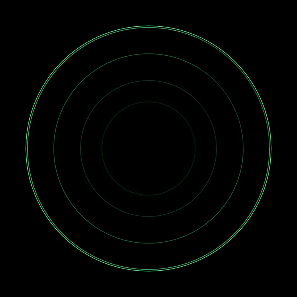The same circle exported with a Bass to Scale reaction, shown in the ILDA Viewer with its default trail: a set of concentric green rings left behind as the circle grew on a bass hit