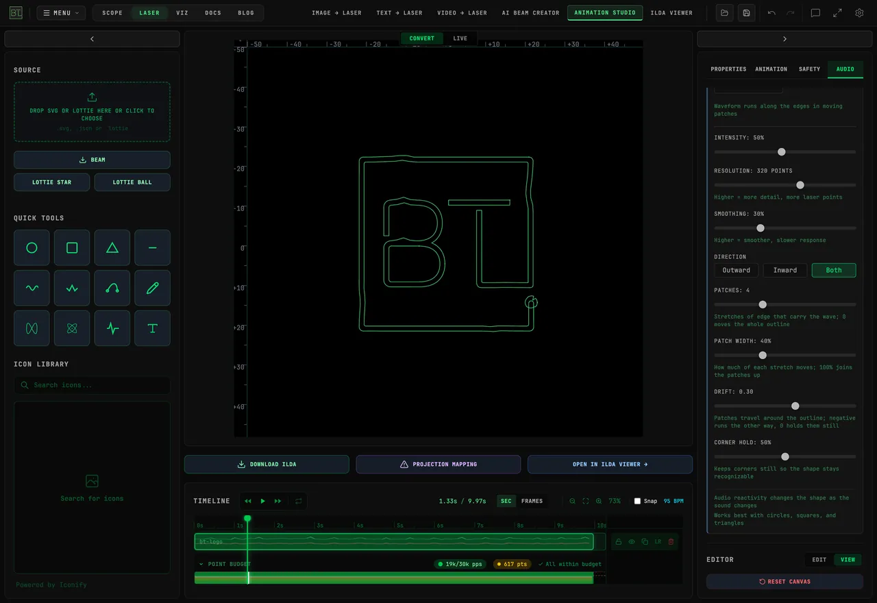 BeamTracer Animation Studio with the BT logo on the canvas and the AUDIO tab open on 4 GEOMETRY with Edge Wave selected: Intensity 50%, Resolution 320 points, Smoothing 30%, Direction Both, Patches 4, Patch Width 40%, Drift 0.30 and Corner Hold 50%