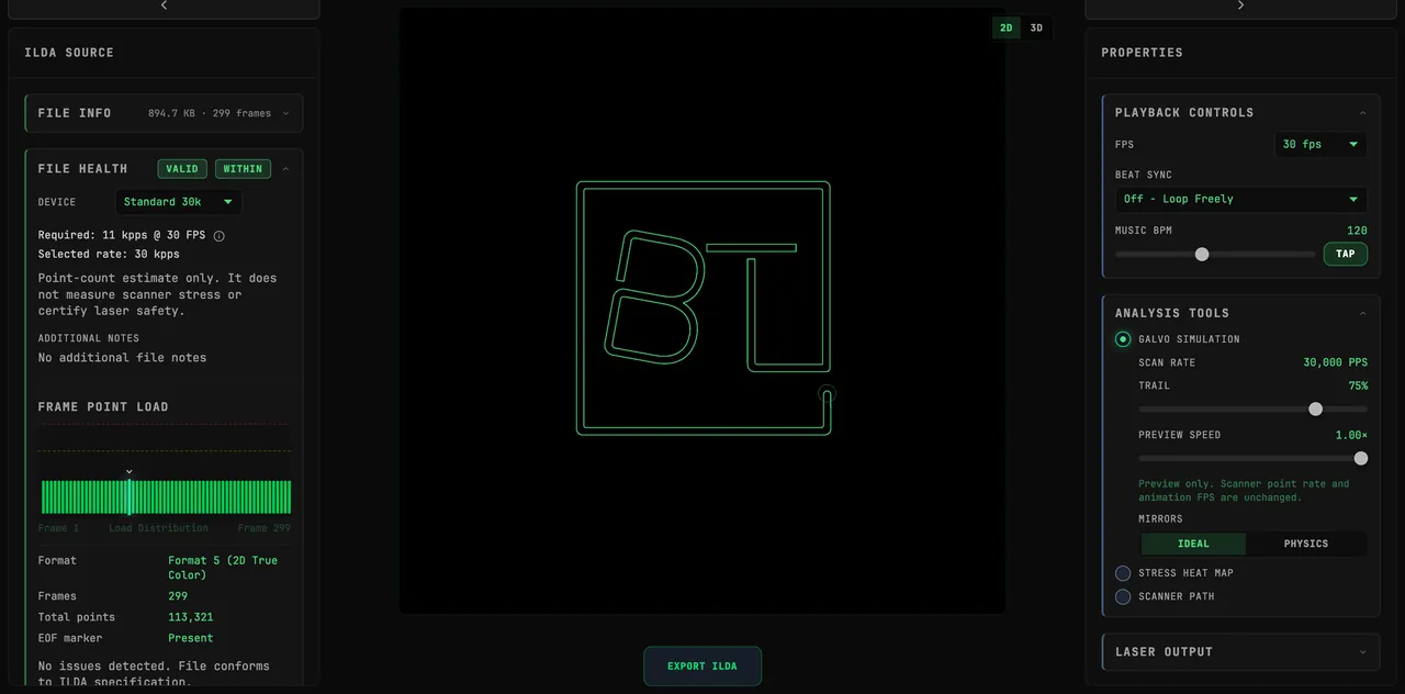 The BeamTracer ILDA Viewer with the exported logo loaded: FILE HEALTH shows VALID and WITHIN on Standard 30k, Required: 11 kpps @ 30 FPS, Format 5, 299 frames, 113,321 total points and no issues detected; the preview shows the BT logo with the B mid-rock; PLAYBACK CONTROLS is set to 30 fps with BEAT SYNC Off - Loop Freely, and ANALYSIS TOOLS has GALVO SIMULATION on with TRAIL at 75% and MIRRORS on IDEAL