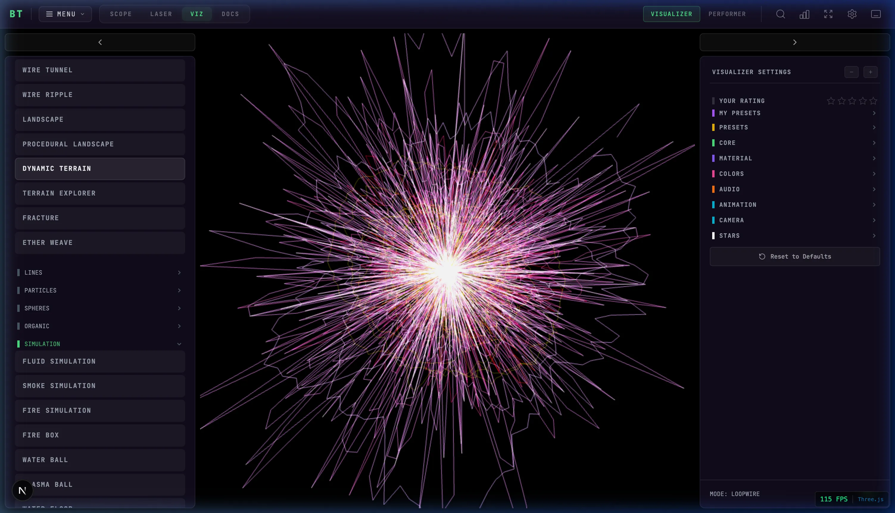 Loop Wire mode creating explosive 3D wireframe geometry