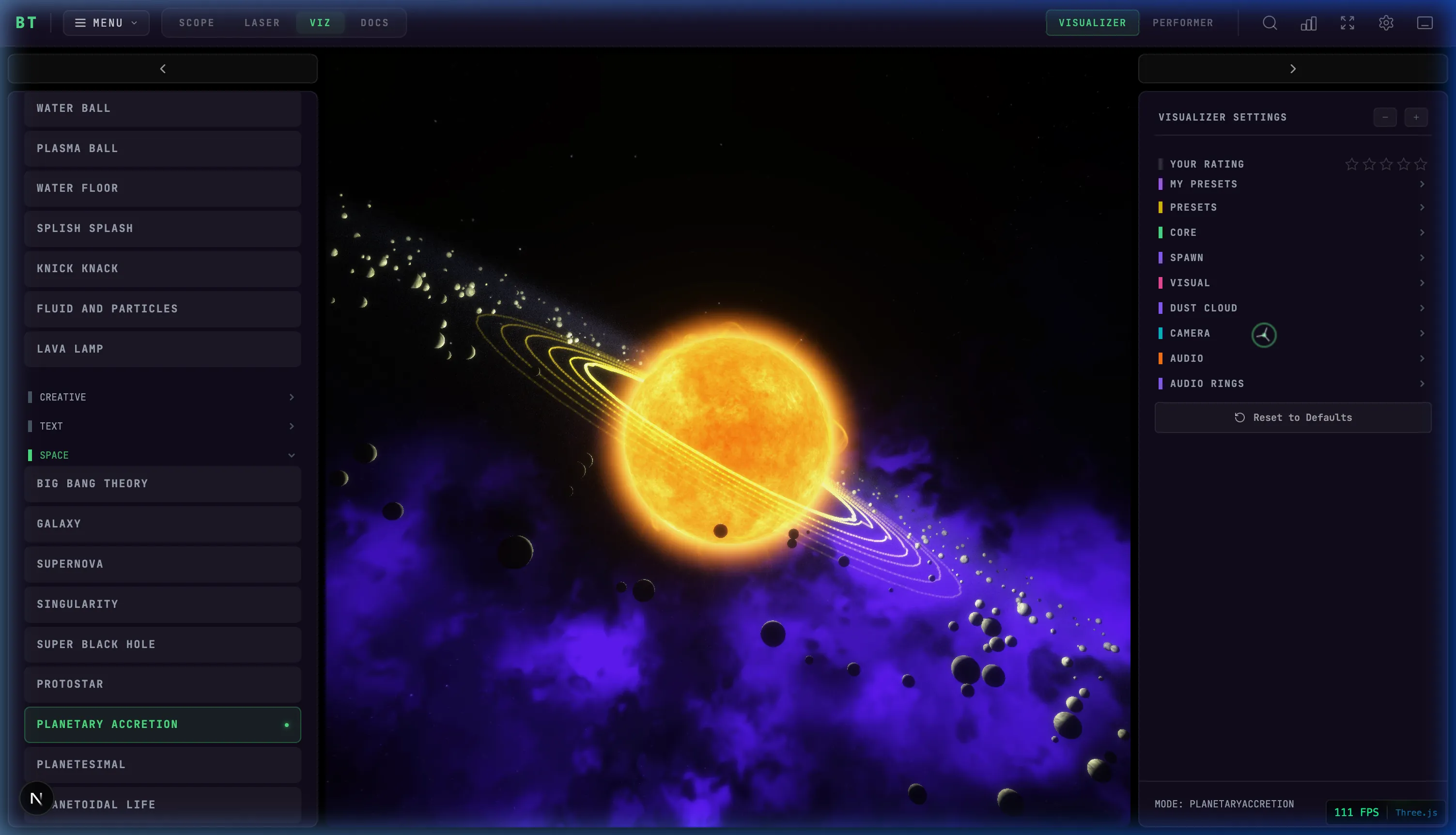 Planetary Accretion mode with Audio Rings — frequency-reactive orbital rings around a glowing star