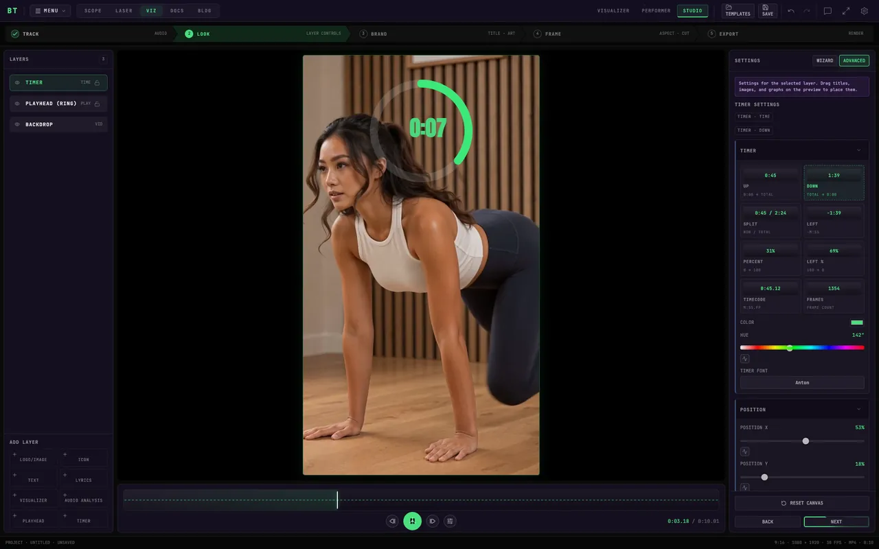 BeamTracer Studio composing a vertical 9:16 video with a countdown ring and timer layer, ready for CapCut, Shorts and Reels