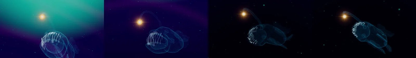 The arc in four frames: from beneath with the lure overhead, around the side, to above the fish's back