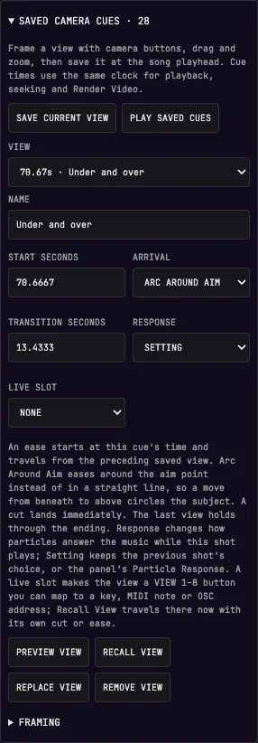 The ending view in the cue editor with ARRIVAL set to ARC AROUND AIM