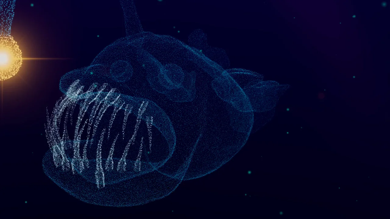 Long, pale fangs in front of a dark mouth