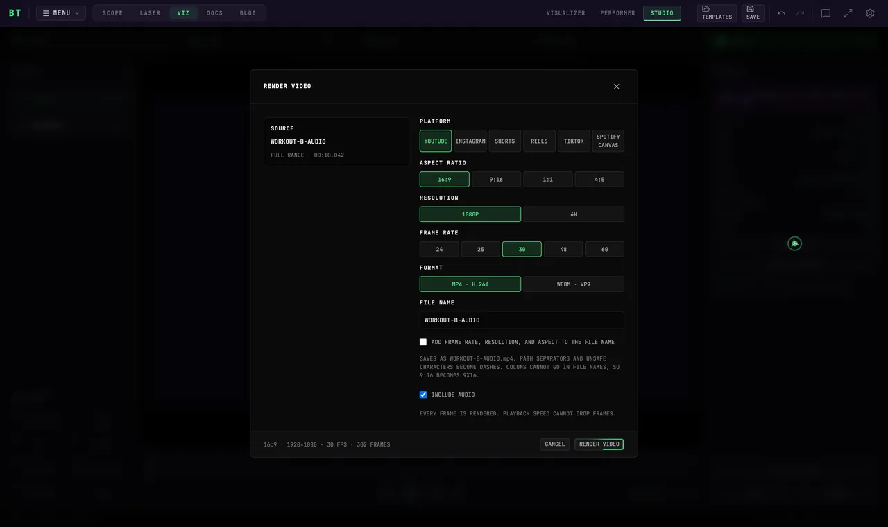 The RENDER VIDEO dialog in BeamTracer Studio, showing platform, aspect, resolution, frame rate, format and the exact frame count
