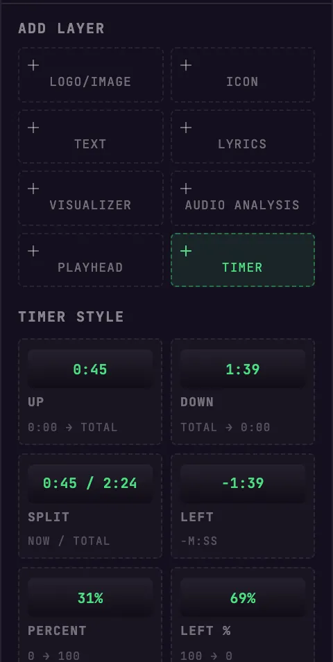The ADD LAYER grid and the timer style picker in BeamTracer Studio, showing a live sample of each countdown format
