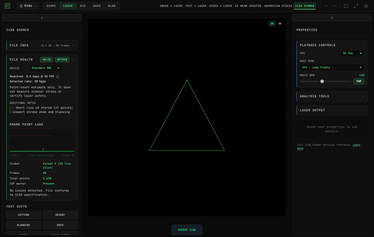 ILDA Viewer showing the triangle received from Animation Studio, with Format 5, 90 frames and VALID file health