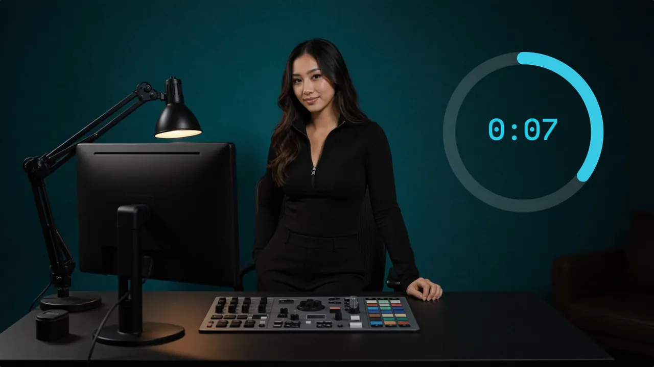 A cyan ring countdown timer showing 0:07 beside a presenter seated at a color-grading control surface, rendered as an MP4 ready for a DaVinci Resolve timeline