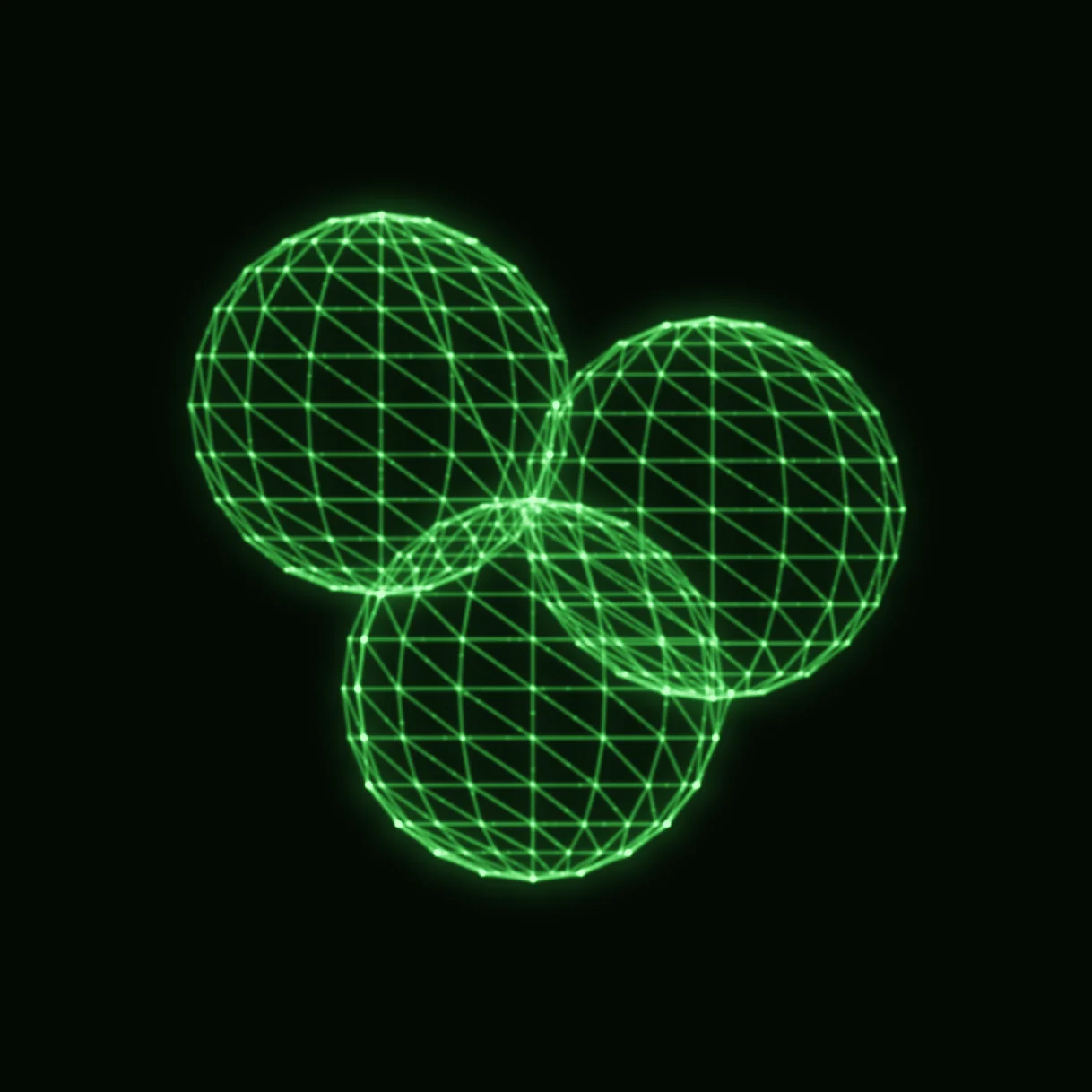 Three separate spheres traced by a single oscilloscope beam as one continuous path