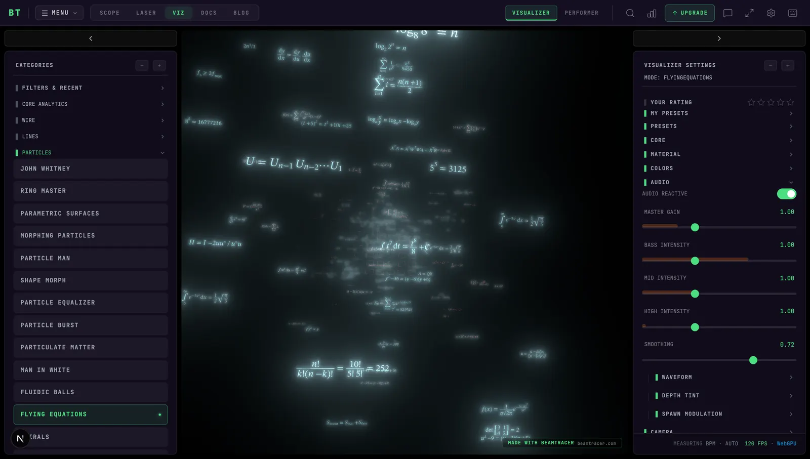 BeamTracer Flying Equations visualizer running in the browser with the settings panel open and audio meters live
