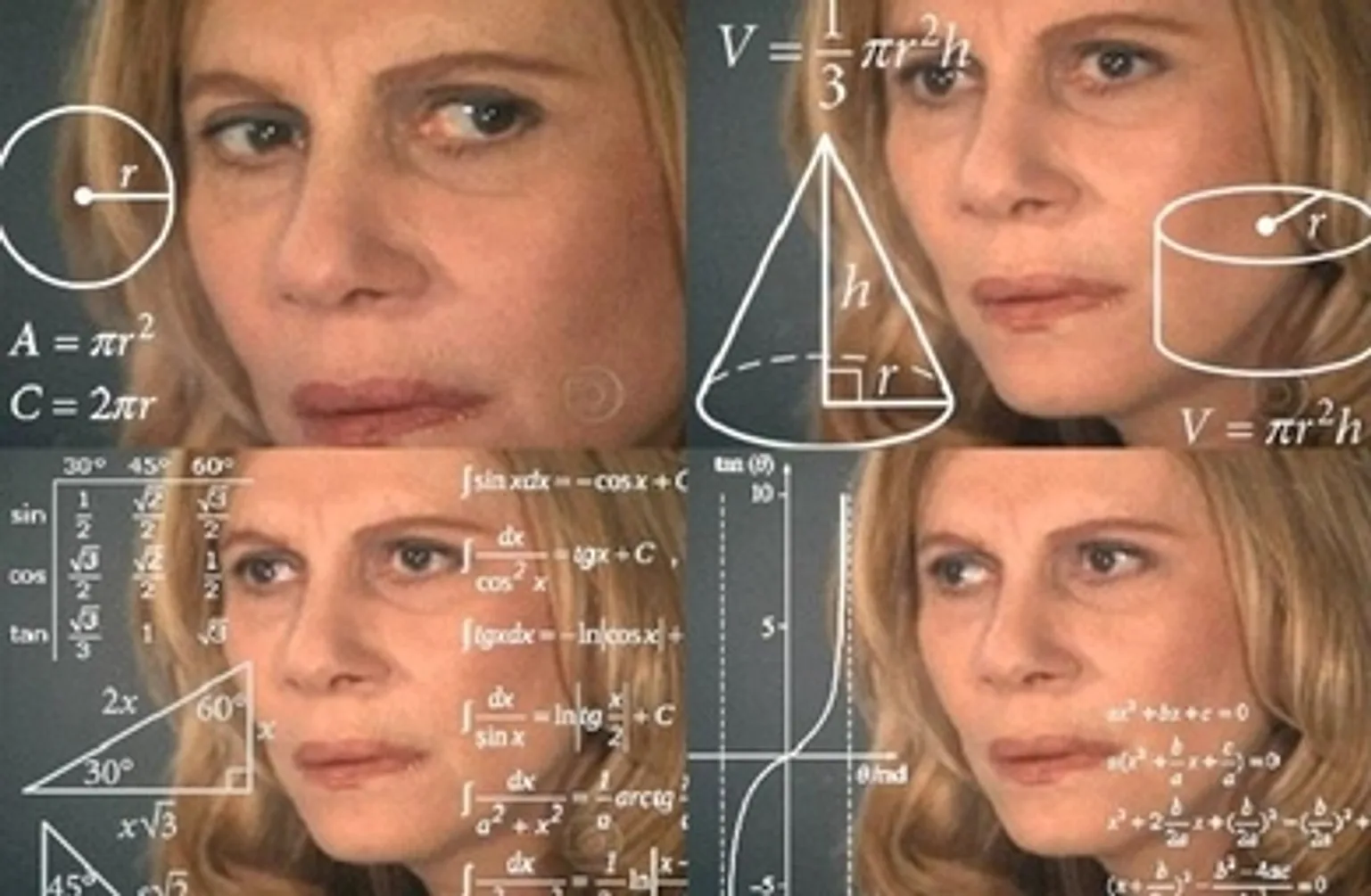 The Math Lady meme — four panels of Renata Sorrah as Nazaré Tedesco overlaid with glowing trigonometry