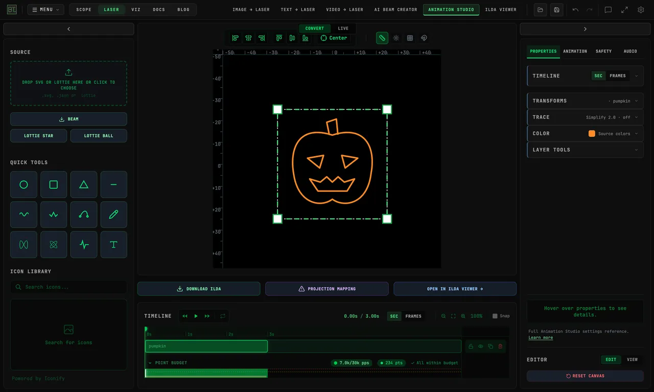 Real Animation Studio interface after the pumpkin SVG was transferred from Image to Laser