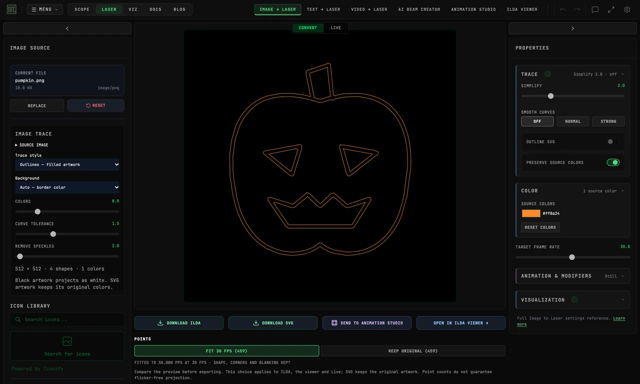 The same pumpkin as a PNG traced in Image to Laser, with both edges of its thick strokes visible