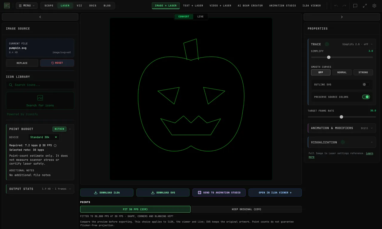 Real Image to Laser interface showing an original pumpkin SVG rendered as green lines with its eyes and mouth preserved as laser outlines