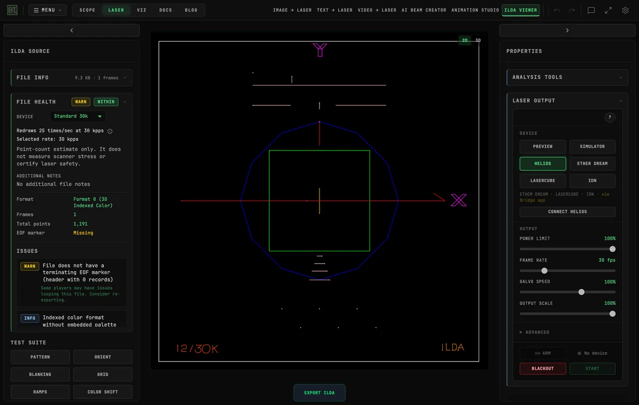 The ILDA Viewer with HELIOS selected and CONNECT HELIOS available before a physical device is connected
