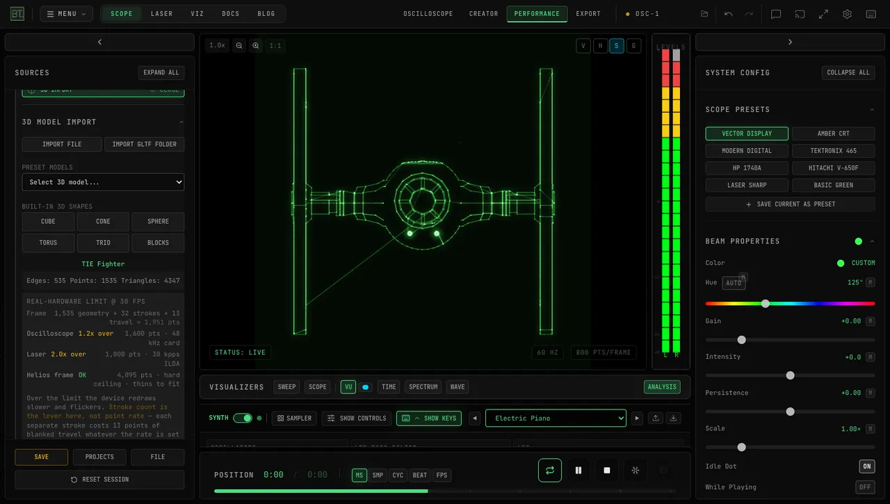 A 3D model traced as XY oscilloscope art in OSC-1, with the point count and real-hardware limits shown
