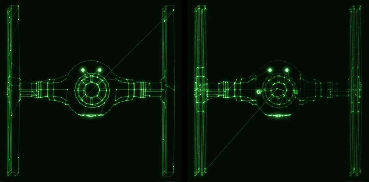 Hidden line removal on an oscilloscope: a solid-looking 3D trace beside the same model drawn as a see-through wire-frame