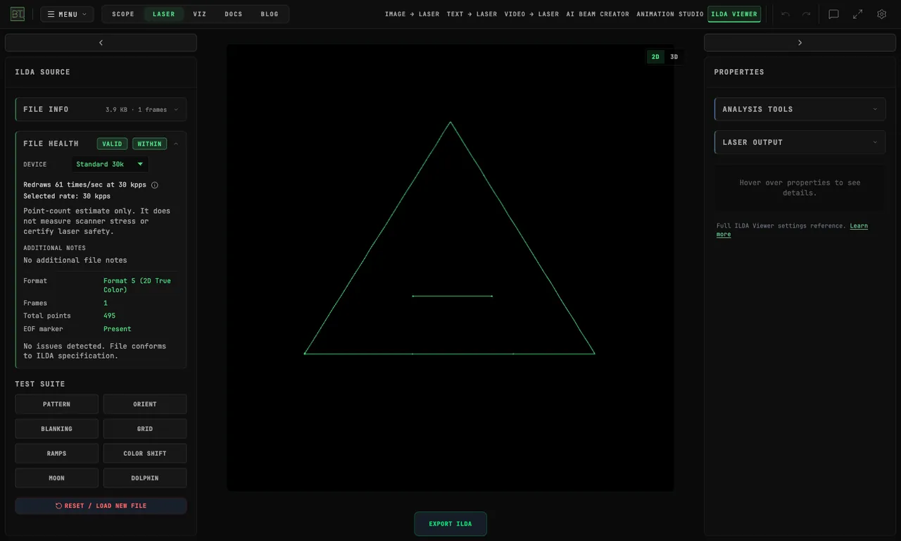 The native ILDA Viewer inspecting the original two-stroke triangle file