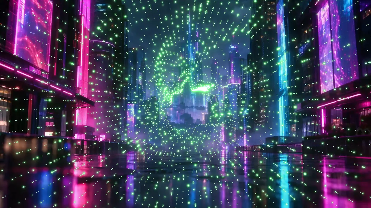 The same frame in the PHOSPHOR color mode, the dots tinted an even green that stands out against the magenta and violet buildings