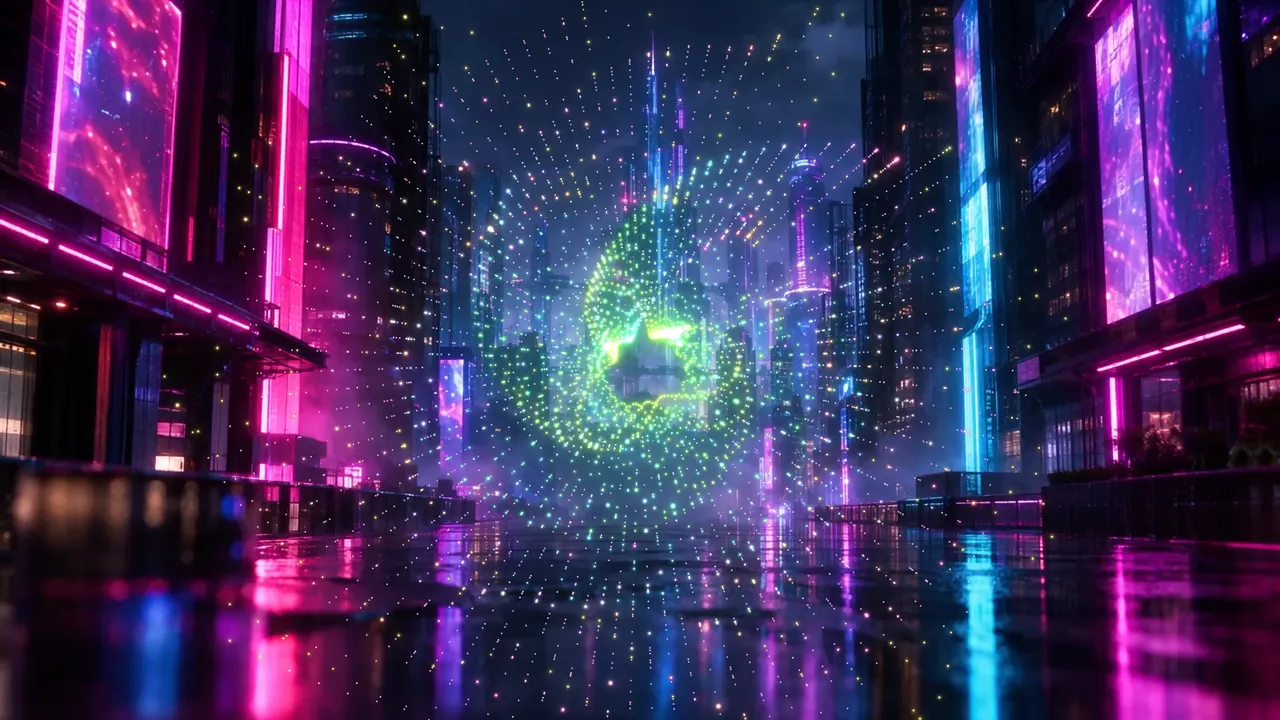 The RING MASTER dots at the default SIZE of 1.00x, a ring of dots in the middle of the cyberpunk city street
