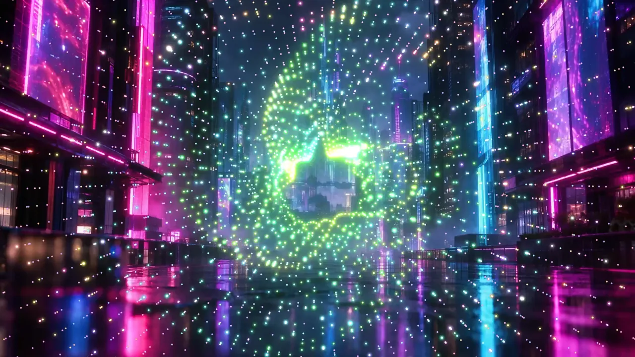 The same frame with SIZE at its maximum of 2.00x, the dots spread across the whole street and the buildings on both sides
