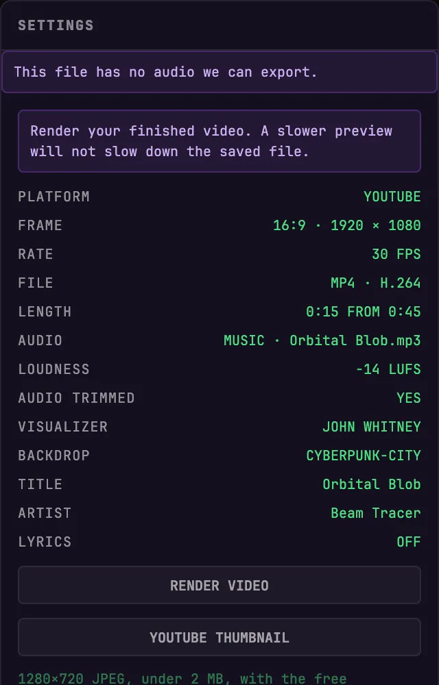 The EXPORT summary in BeamTracer Studio listing platform, frame, rate, file, length, audio, loudness, the JOHN WHITNEY visualizer and the cyberpunk-city backdrop