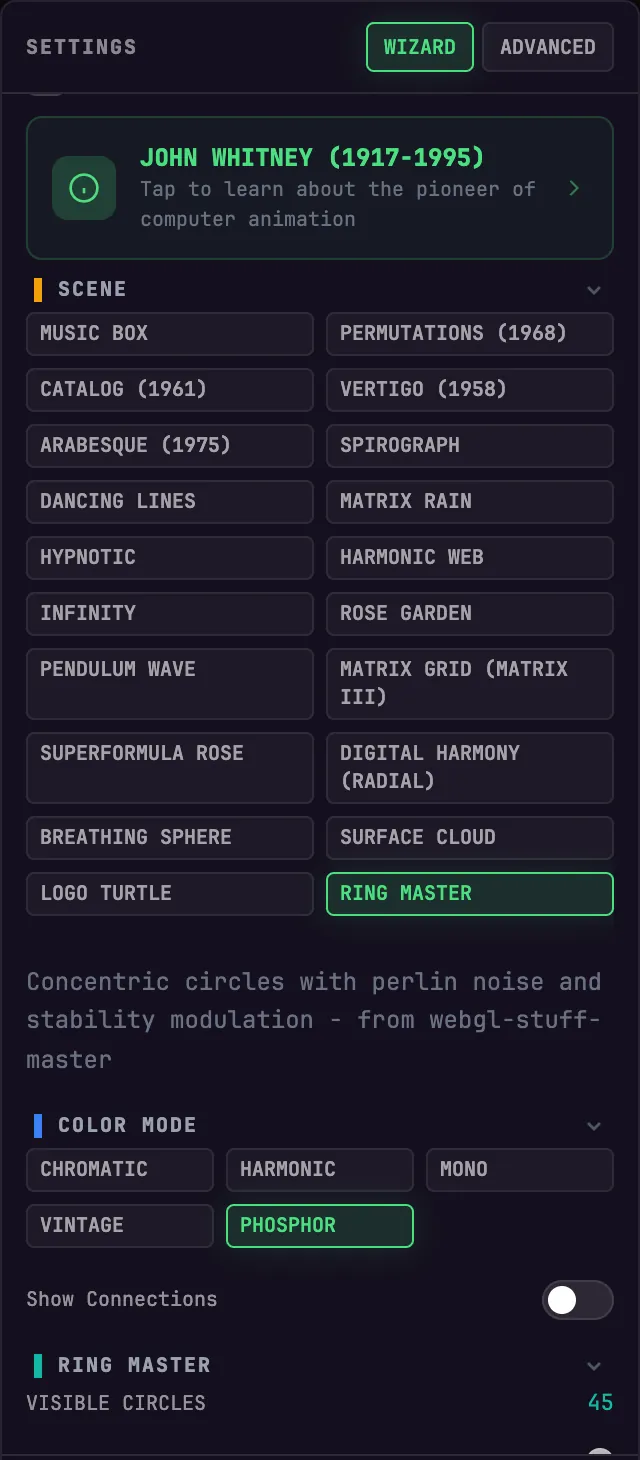 The SCENE list in the BeamTracer Studio settings rail for the JOHN WHITNEY visualizer with RING MASTER selected, followed by color mode and the RING MASTER controls
