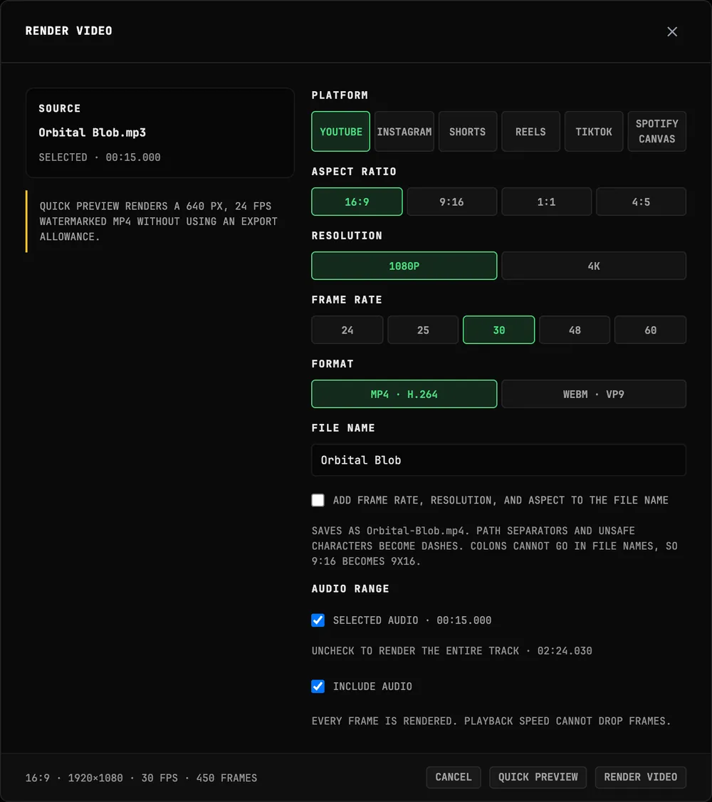 The RENDER VIDEO dialog in BeamTracer Studio with platform, aspect ratio, resolution, frame rate, MP4 format, file name, audio range and the exact frame count