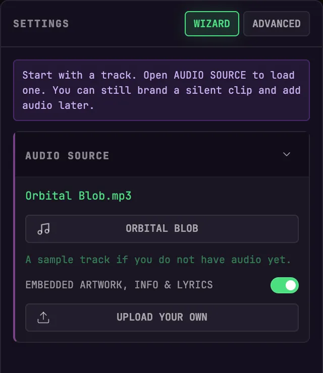 The AUDIO SOURCE panel in BeamTracer Studio with the ORBITAL BLOB sample track loaded and the UPLOAD YOUR OWN button