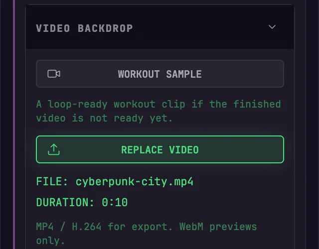 The BACKDROP SOURCE panel in BeamTracer Studio with VIDEO BACKDROP open, showing REPLACE VIDEO and the loaded file name and duration