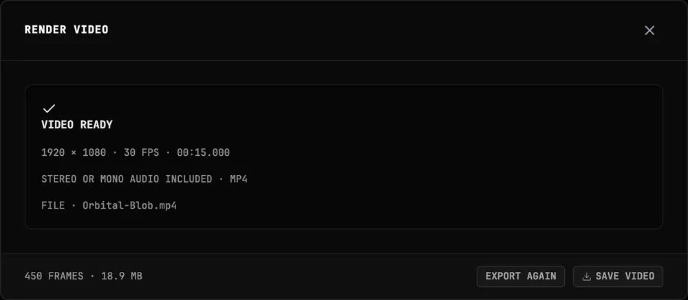 The VIDEO READY message in BeamTracer Studio with the finished 1920 by 1080, 30 fps, 15 second MP4 and the SAVE VIDEO button