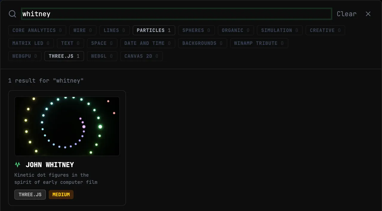 The BeamTracer Studio visualizer picker with whitney typed in the search box and the JOHN WHITNEY card as the only result