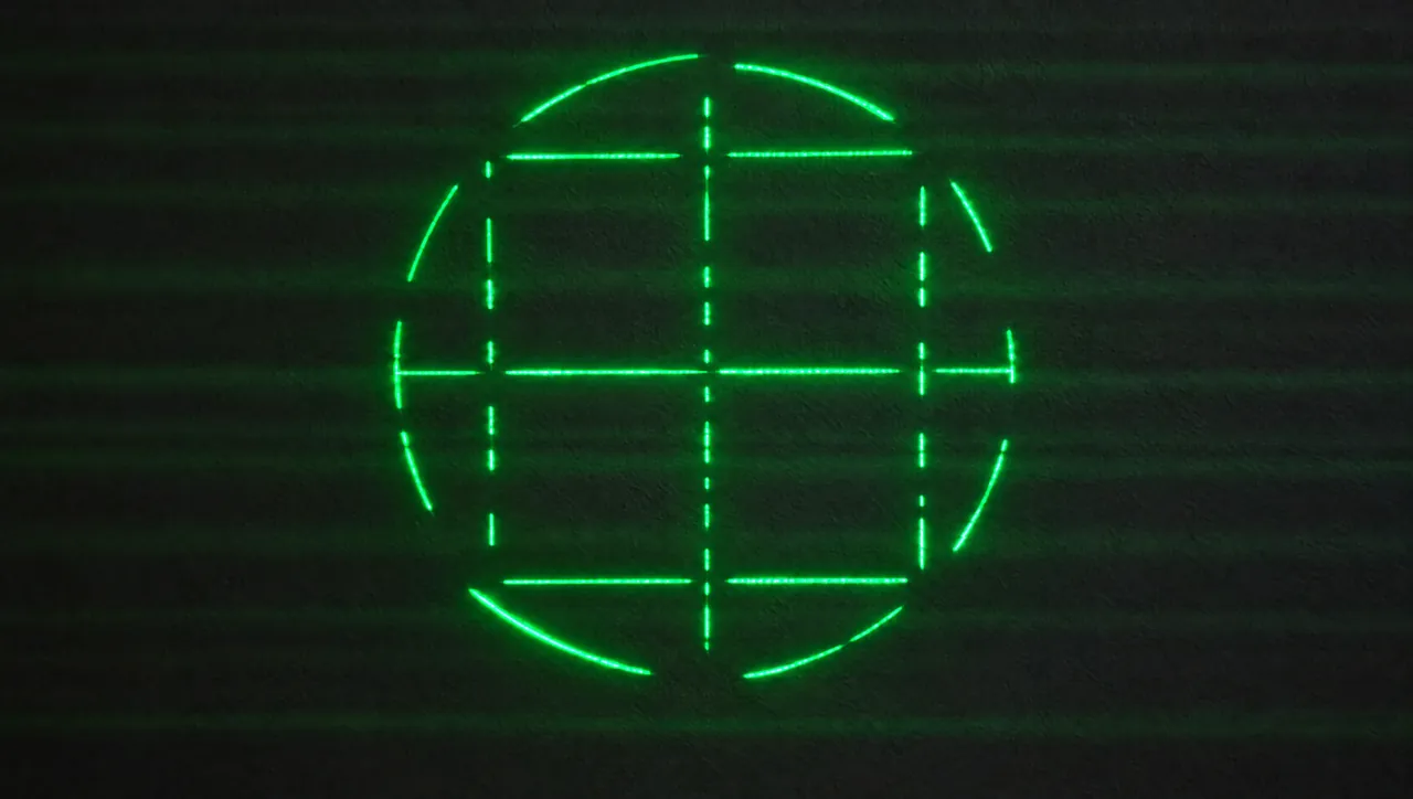 Illustration of a green laser circle with a square and crosshair recorded with banding: the circle is broken into separate arcs, the vertical lines into short dashes, and soft horizontal bands cross the wall