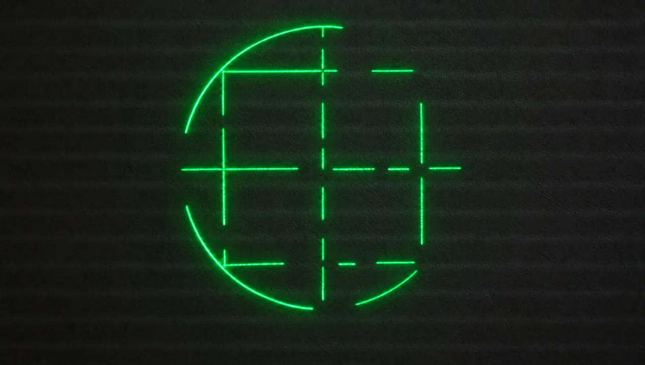 Illustration of the same laser drawing as a 25 fps rolling-shutter camera at 1/50 s records it: only part of the circle is present, the square and crosshair are broken into segments that end abruptly, and faint horizontal bands cross the wall