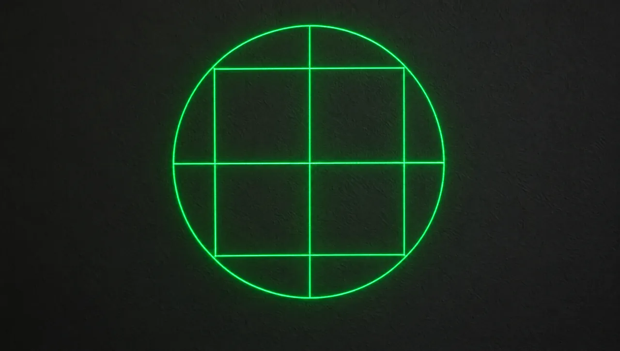 Illustration of a green laser test drawing on a dark wall as the eye sees it: a solid circle with a square and a crosshair inside, every line complete