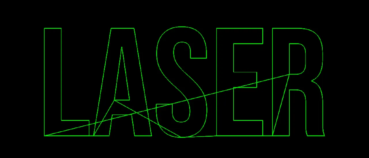 The word LASER in the BeamTracer ILDA Viewer with blanking removed from the file: green diagonal ghost lines join the letters and the inner and outer contours