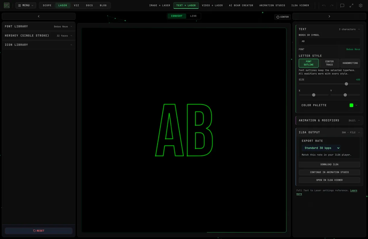 BeamTracer Text to Laser with the letters AB traced in green and the ILDA OUTPUT section open, showing EXPORT RATE set to Standard 30 kpps above the DOWNLOAD ILDA button
