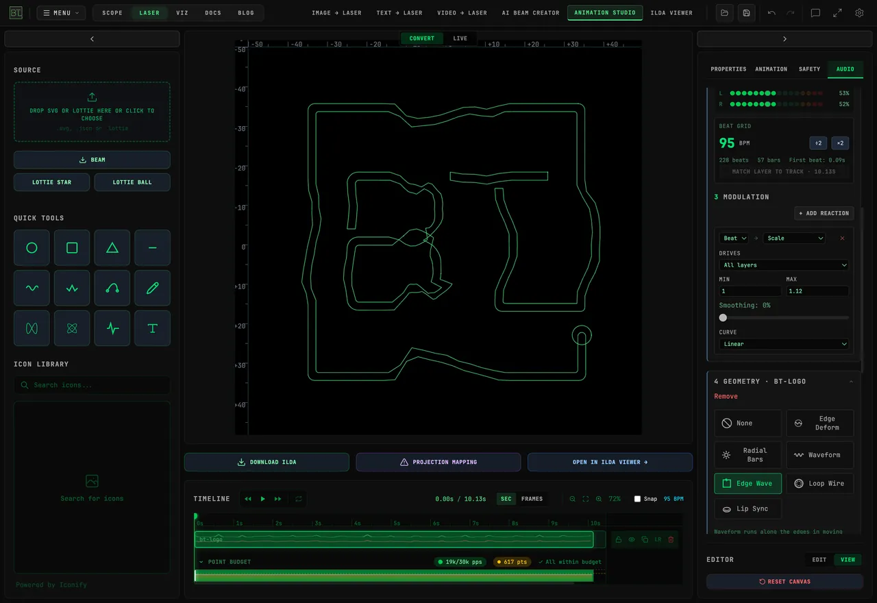 BeamTracer Animation Studio with the BT logo on the canvas, its edges bent by Edge Wave, the AUDIO tab showing the Music demo at 95 BPM with a Beat to Scale reaction on All layers, and the export bar under the canvas with DOWNLOAD ILDA, PROJECTION MAPPING and OPEN IN ILDA VIEWER