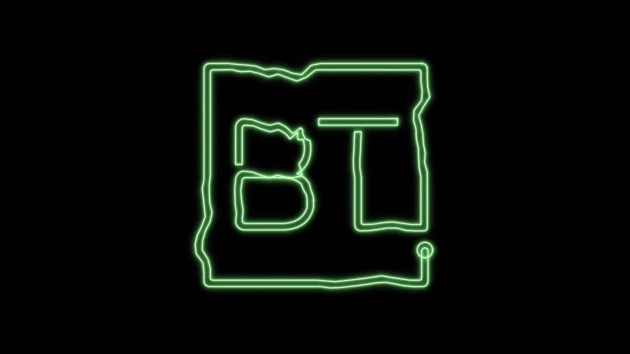 The same frame from an export with Glow Effect on Subtle Glow: the BT logo in glowing pale green lines with a soft halo
