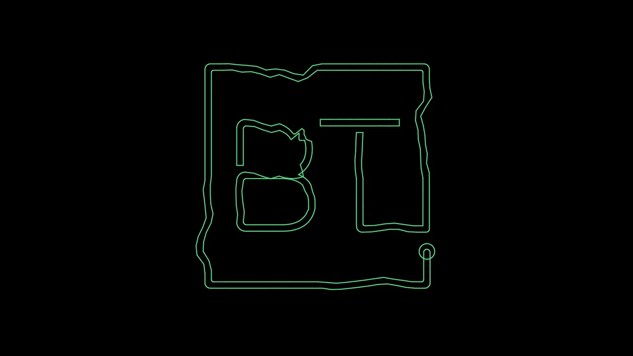 A frame from a BeamTracer MP4 export with Glow Effect off: the BT logo in thin flat green lines on black