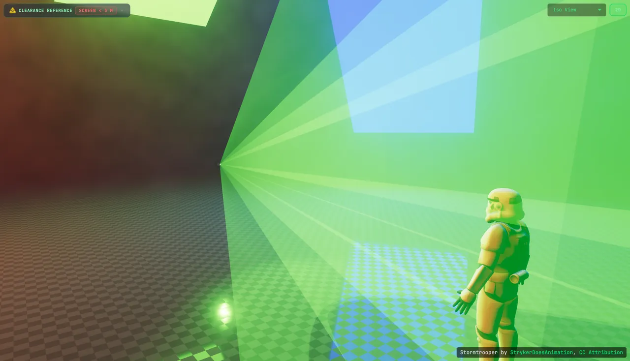 What not to do: the BeamTracer ILDA Viewer's Iso View with the preview screen switched off, so the whole green dolphin frame fans out from the projector and runs straight into a standing human figure at face and chest height
